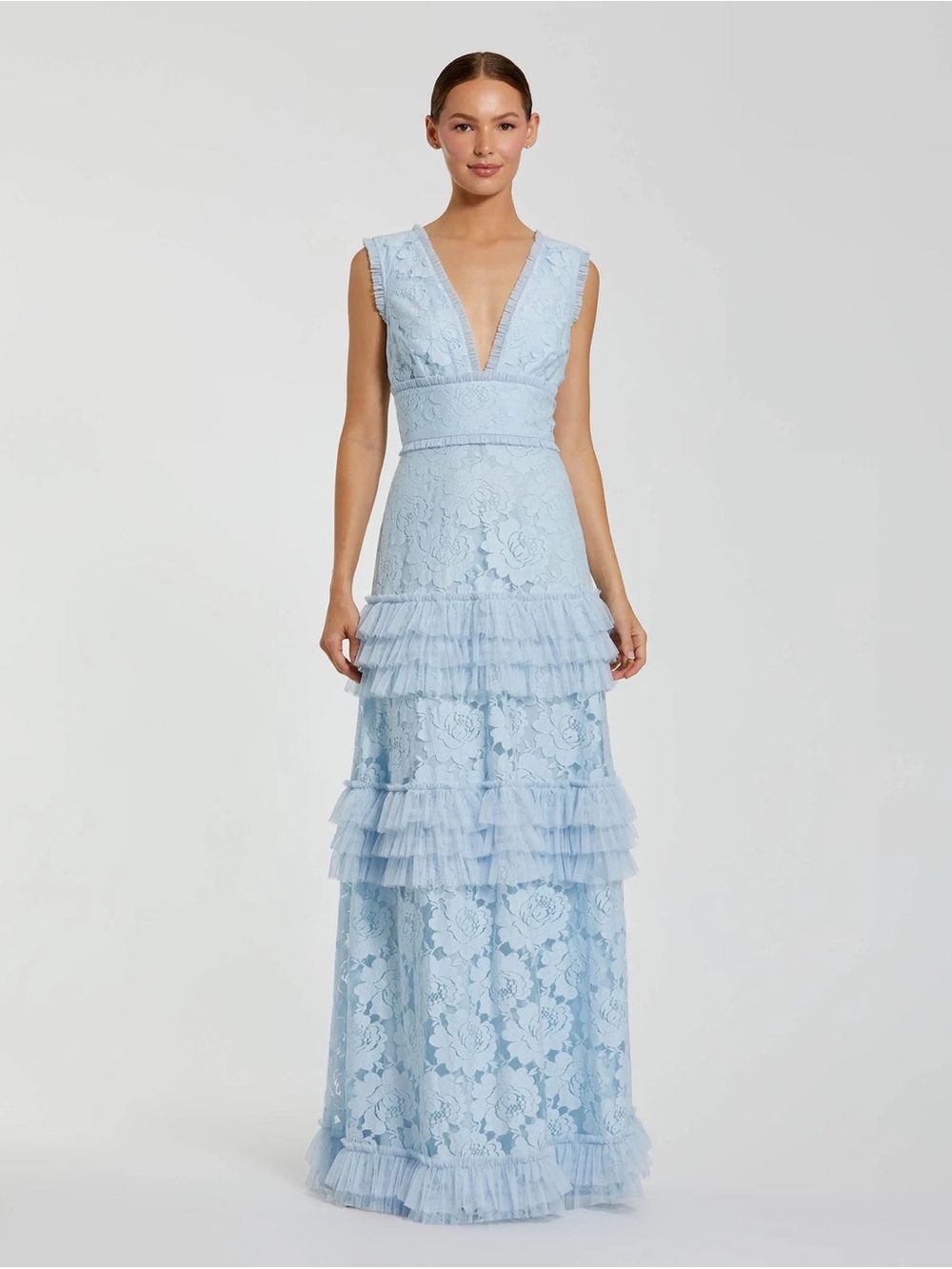 MAC DUGGAL Powder Blue V Neck Lace Tiered Ruffle Gown